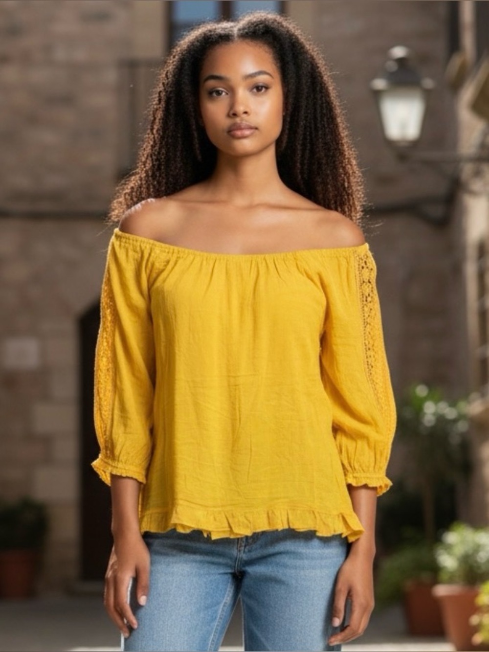 Unique Spectrum Sunny Yellow Crochet-Shoulder Peasant Blouse